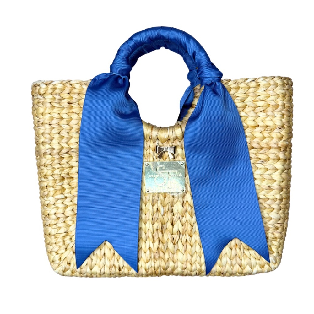 Straw tropical lining half moon handbag with blue ribbon